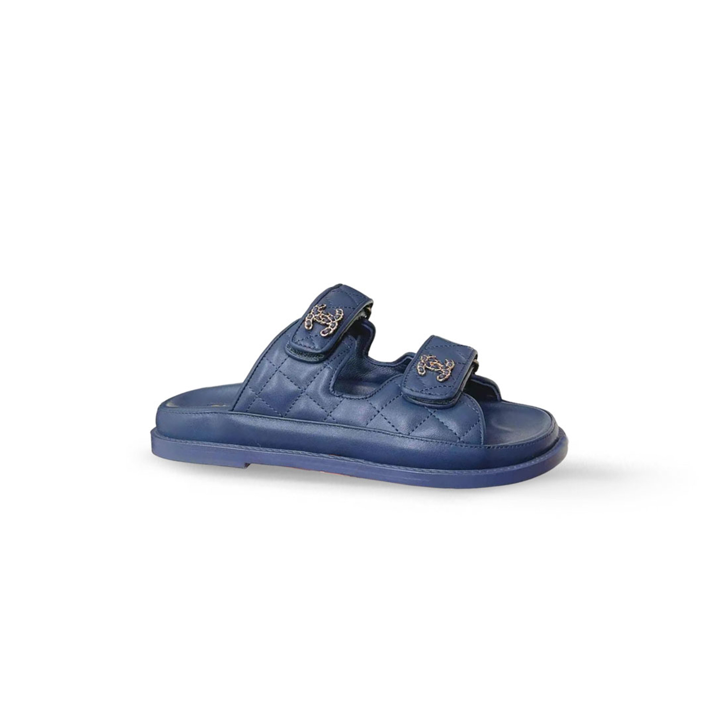 CHANEL LAMBSKIN QUILTED VELCRO DAD CHAIN CC SLIDE SANDALS